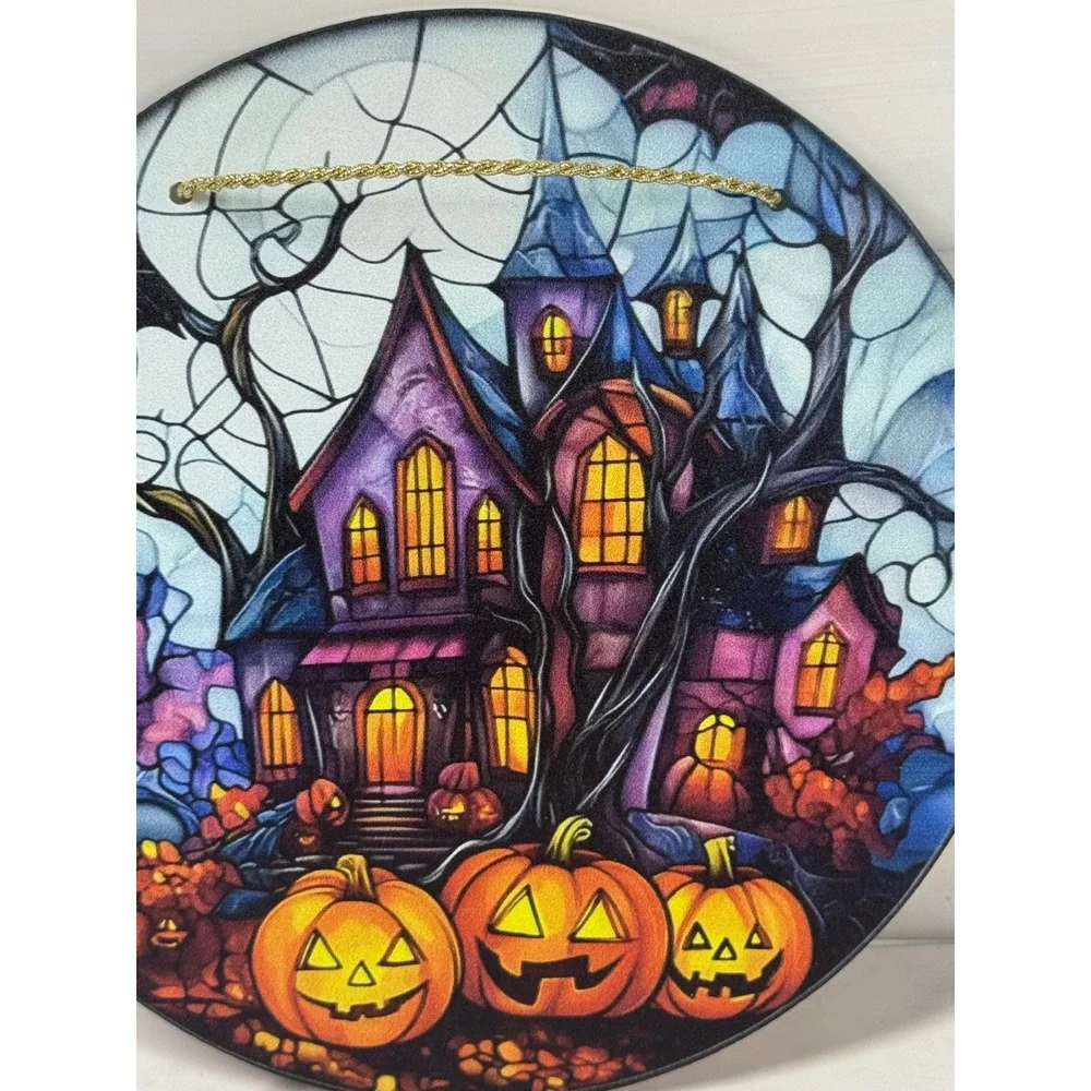 Chengy Co Halloween Haunted House Pumpkin Stained Glass Style Suncatcher 7.5